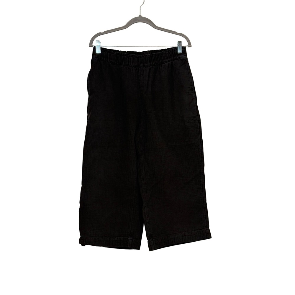 Black Cotton Gauze Flowy Wide Leg Lightweight Cropped Pants Elastic Waist LP